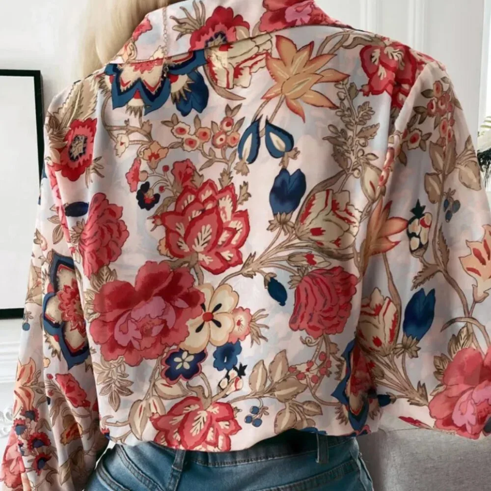 Women Blouse Lightweight Long Sleeve Flower Shirt Top- Small - Picture 3 of 4